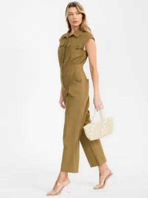 WOMEN'S SLEEVELESS BUTTON UP POCKETS WIDE LEG JUMPSUIT