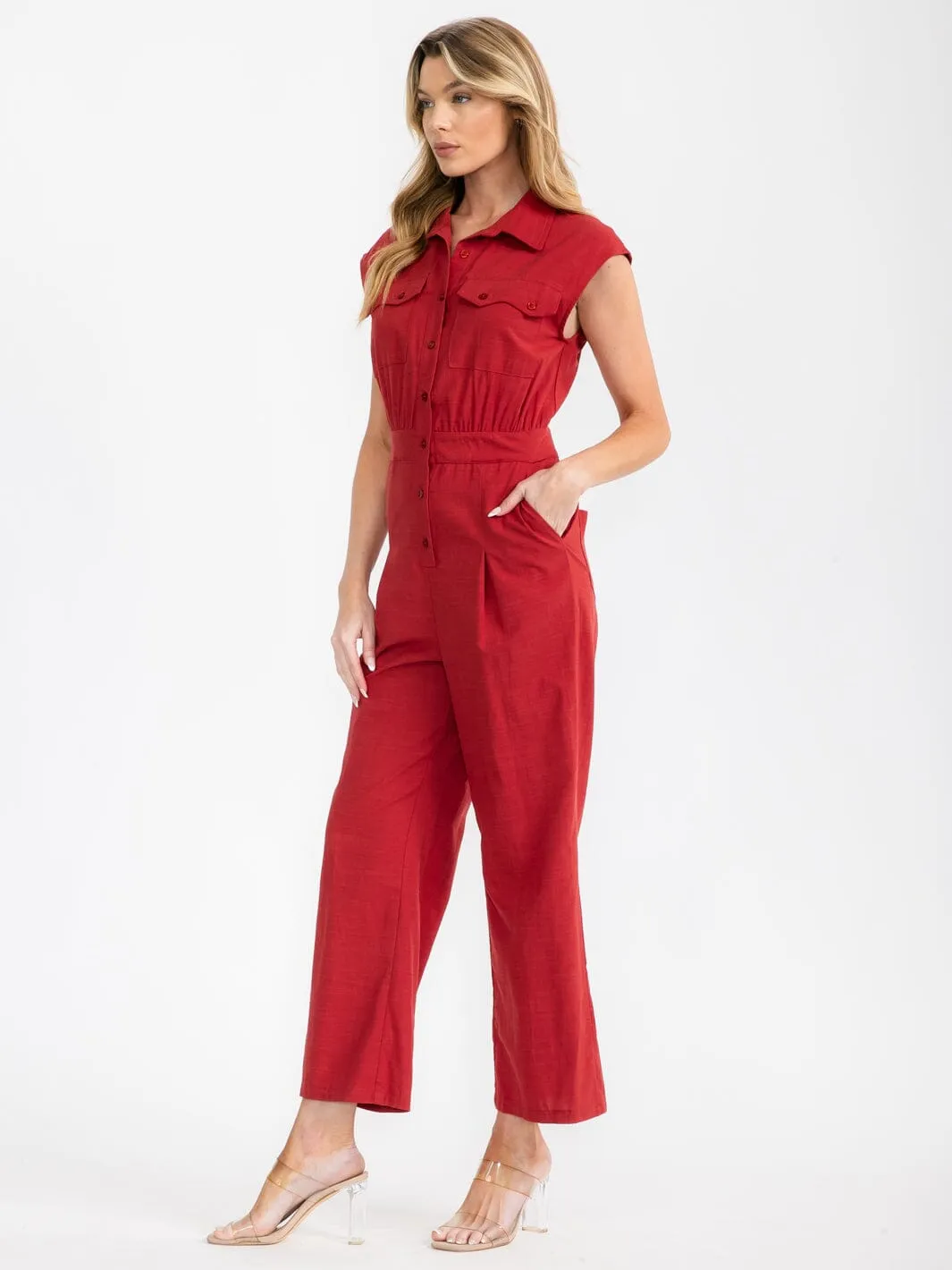 WOMEN'S SLEEVELESS BUTTON UP POCKETS WIDE LEG JUMPSUIT