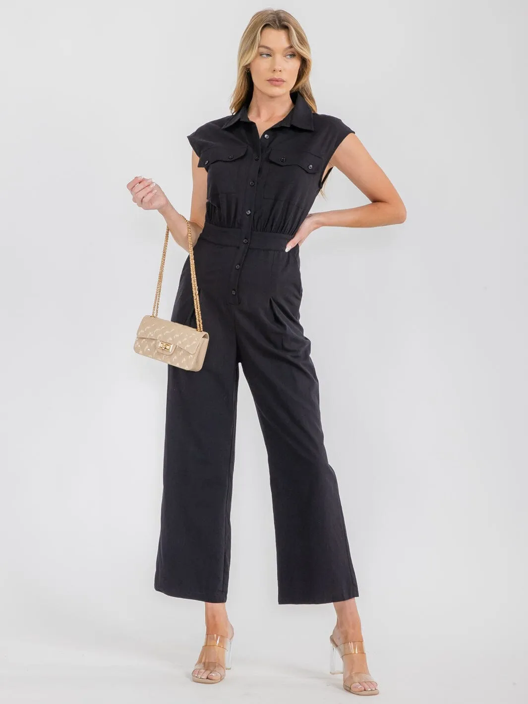 WOMEN'S SLEEVELESS BUTTON UP POCKETS WIDE LEG JUMPSUIT