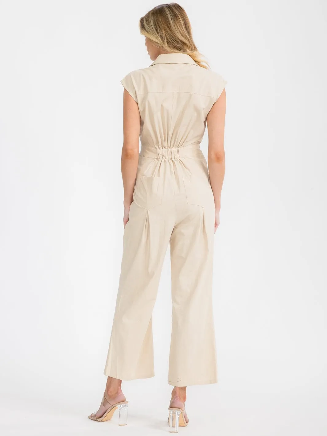 WOMEN'S SLEEVELESS BUTTON UP POCKETS WIDE LEG JUMPSUIT