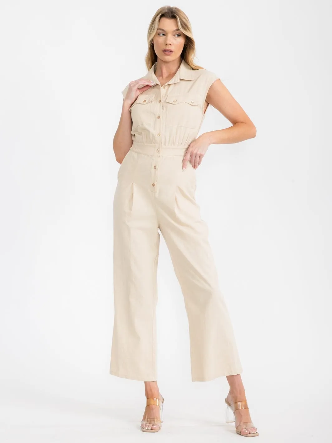 WOMEN'S SLEEVELESS BUTTON UP POCKETS WIDE LEG JUMPSUIT