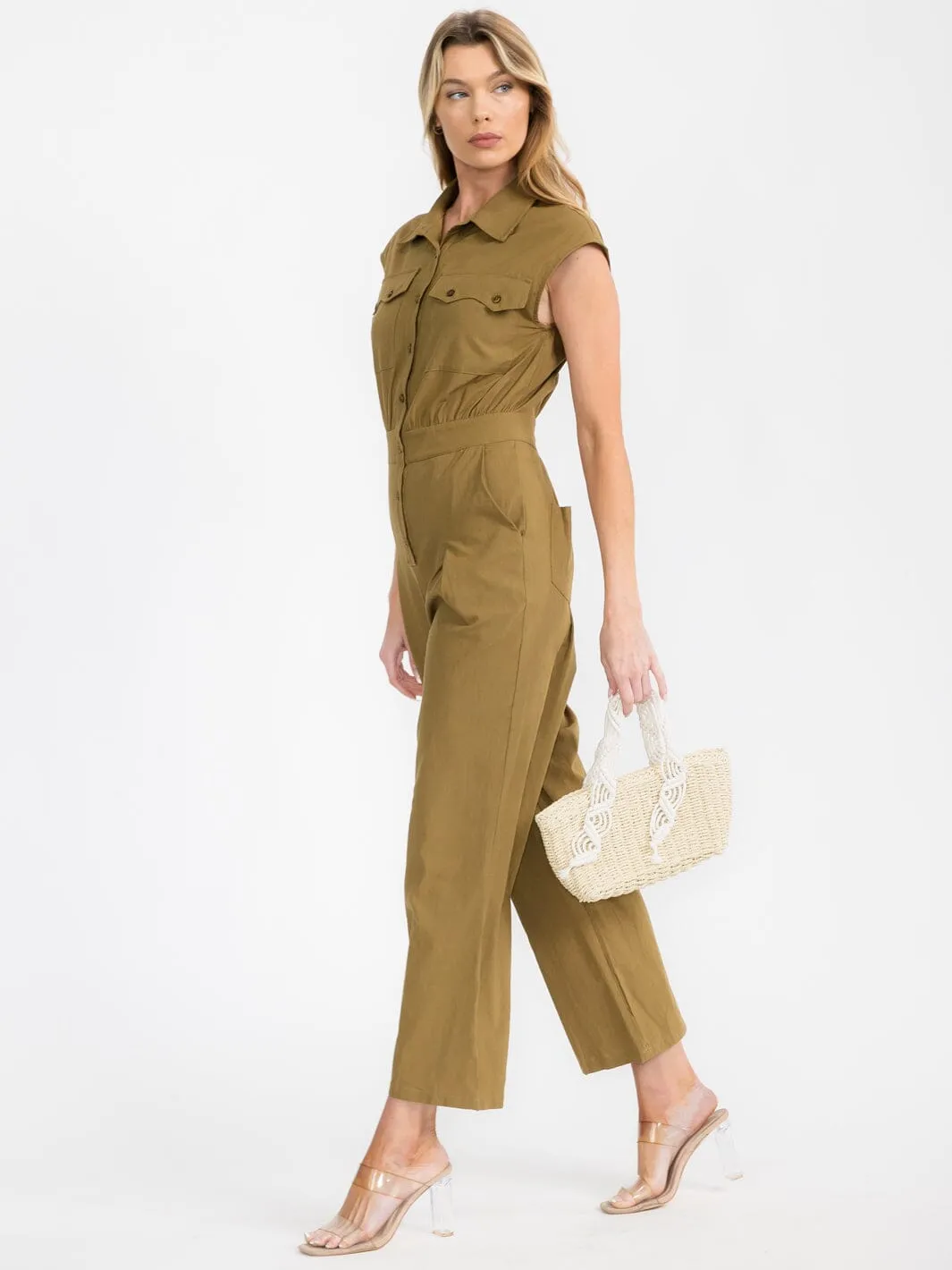 WOMEN'S SLEEVELESS BUTTON UP POCKETS WIDE LEG JUMPSUIT