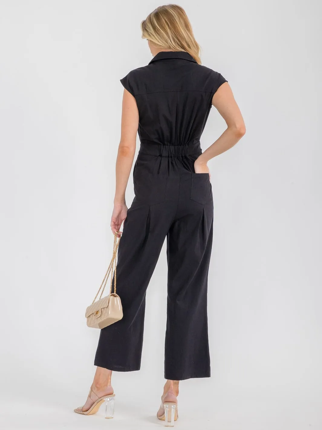 WOMEN'S SLEEVELESS BUTTON UP POCKETS WIDE LEG JUMPSUIT