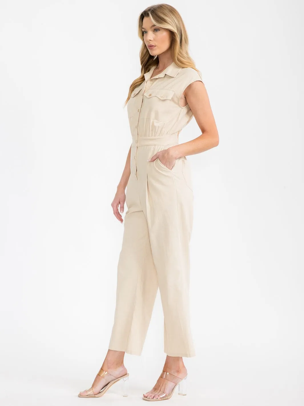 WOMEN'S SLEEVELESS BUTTON UP POCKETS WIDE LEG JUMPSUIT