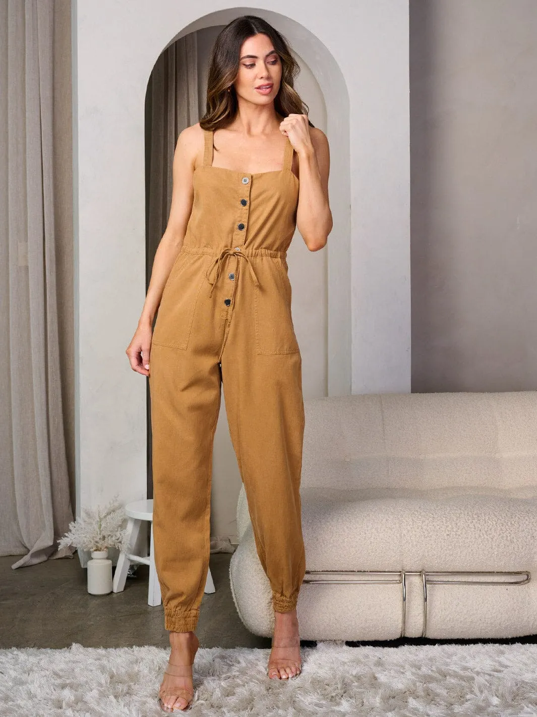 WOMEN'S SLEEVELESS BUTTONS UP SELF TIE POCKETS JUMPSUIT