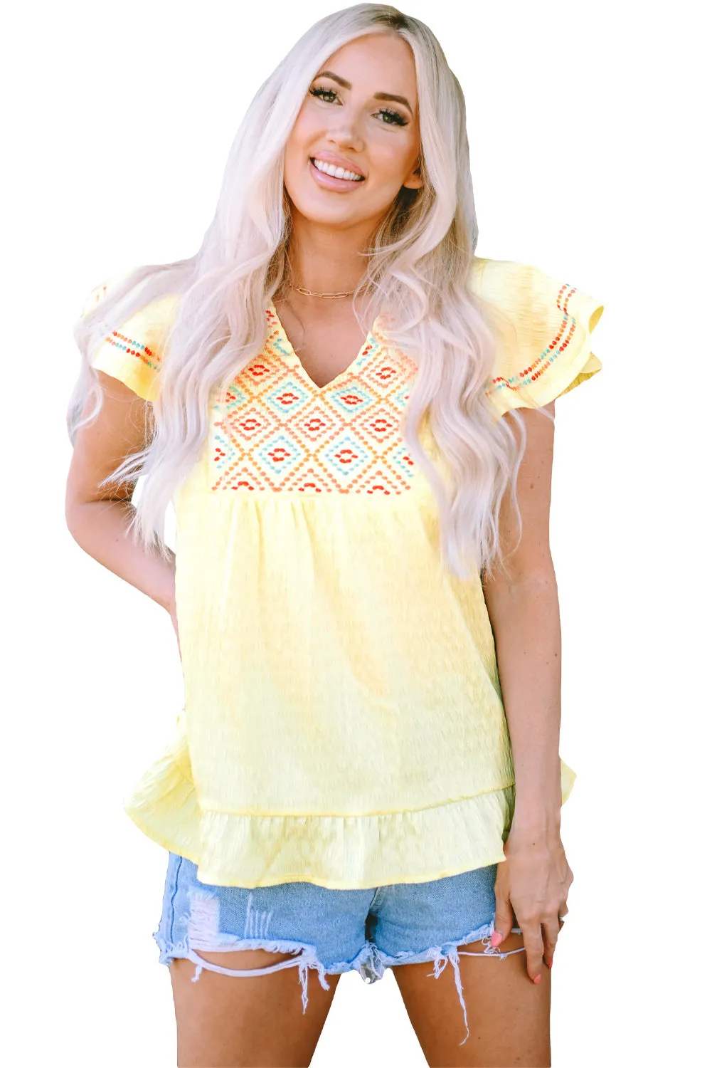 Yellow Geometric Ruffles Top