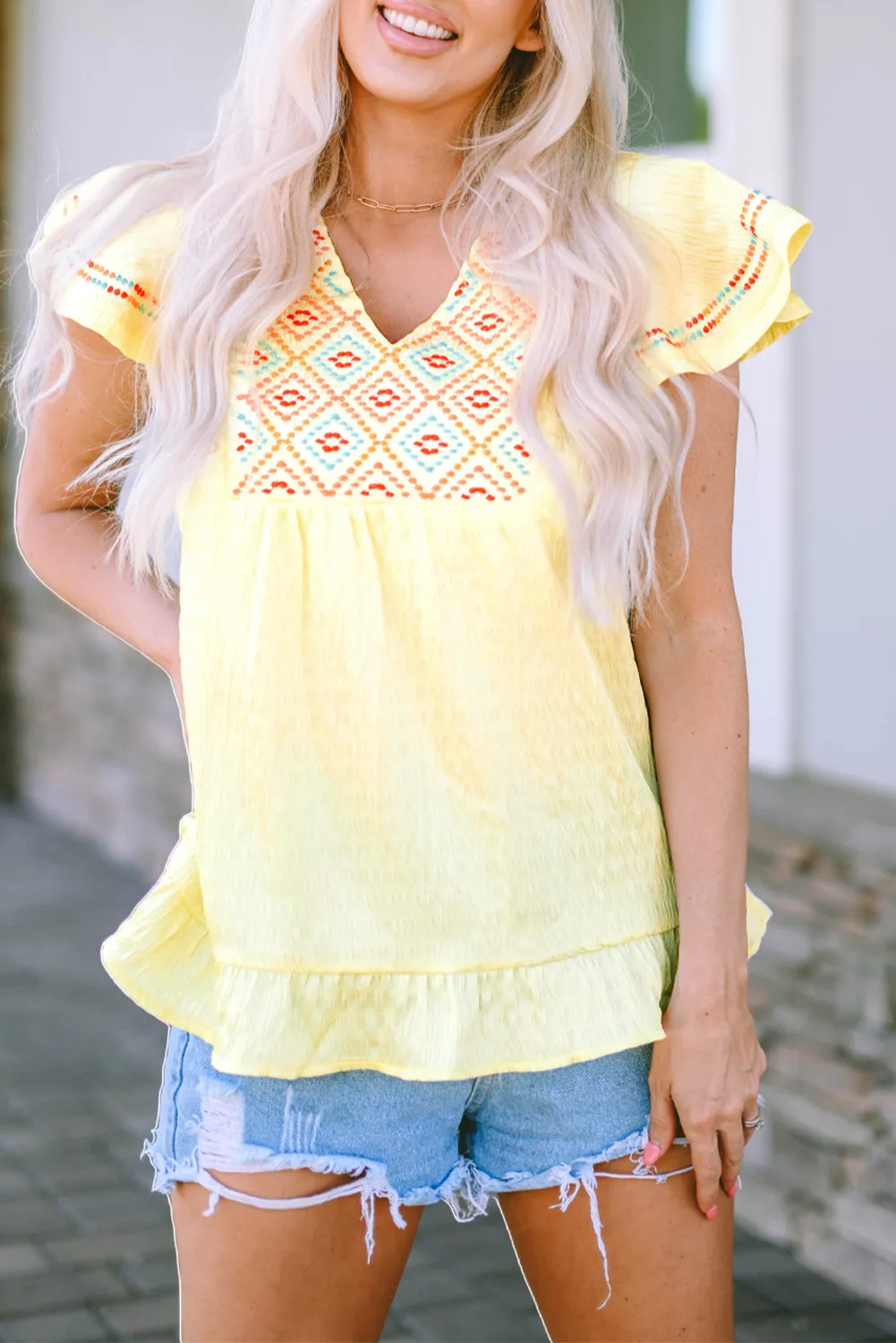 Yellow Geometric Ruffles Top