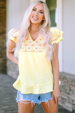 Yellow Geometric Ruffles Top